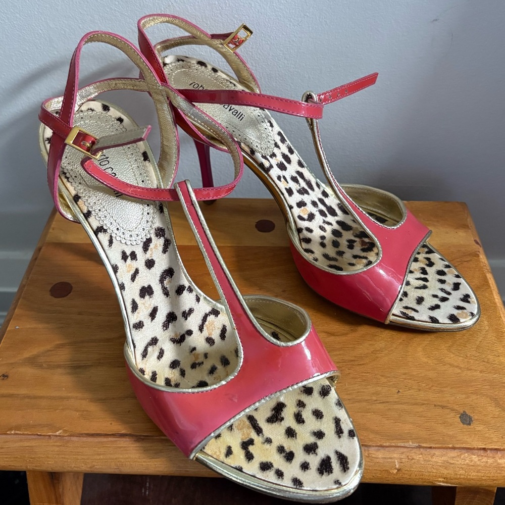 Roberto Cavalli Leopard Print Pink Strappy Heels